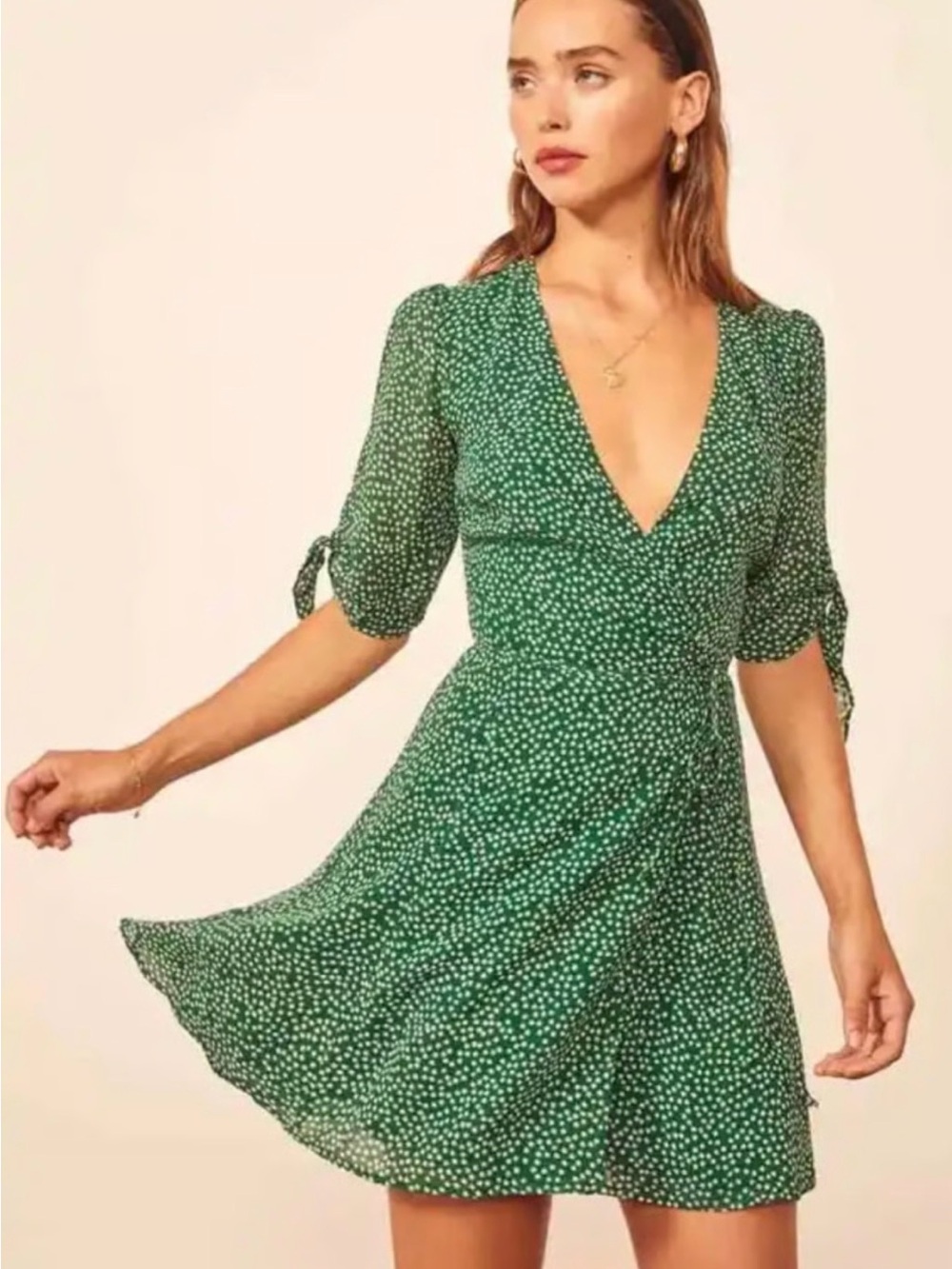 Reformation Sammy Green Floral Short Wrap Dress